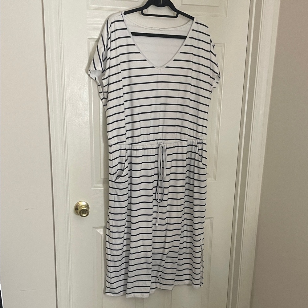 Striped V-Neck Drawstring Midi Dress
